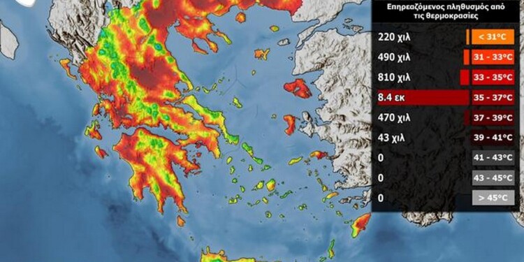 Εικόνα. Οι μέγιστες θερμοκρασίες που αναμένονται την Πέμπτη 28/07, όπως υπολογίστηκαν από το αριθμητικό μοντέλο πρόγνωσης καιρού του Εθνικού Αστεροσκοπείου Αθηνών / Meteo.gr και ο αριθμός του πληθυσμού που θα επηρεαστεί ανά εύρος θερμοκρασιών.