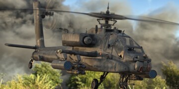 Boeing AH-64 Apache flying over the battlefield