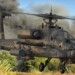 Boeing AH-64 Apache flying over the battlefield