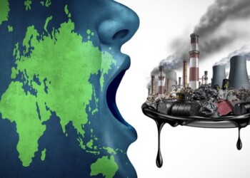 Global pollution concept with fossil fuel and industrial toxic waste as the planet earth eating petroleum and dirty polluted energy as an environmental icon with 3D illustration elements.