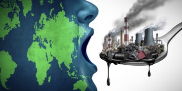 Global pollution concept with fossil fuel and industrial toxic waste as the planet earth eating petroleum and dirty polluted energy as an environmental icon with 3D illustration elements.