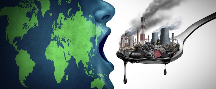 Global pollution concept with fossil fuel and industrial toxic waste as the planet earth eating petroleum and dirty polluted energy as an environmental icon with 3D illustration elements.