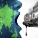 Global pollution concept with fossil fuel and industrial toxic waste as the planet earth eating petroleum and dirty polluted energy as an environmental icon with 3D illustration elements.