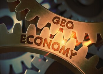 Geo Economy on the Mechanism of Golden Cog Gears with Glow Effect. Geo Economy Golden Metallic Cog Gears. 3D Rendering.