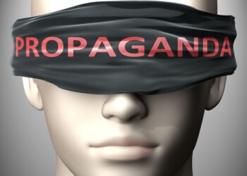 Propaganda can make things harder to see or makes us blind to the reality - pictured as word Propaganda on a blindfold to symbolize denial and that Propaganda can cloud perception, 3d illustration.