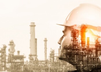 Future factory plant and energy industry concept in creative graphic design. Oil, gas and petrochemical refinery factory with double exposure arts showing next generation of power and energy business.