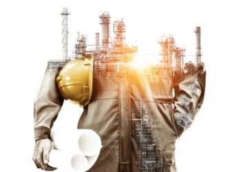 Future factory plant and energy industry concept in creative graphic design. Oil, gas and petrochemical refinery factory with double exposure arts showing next generation of power and energy business.