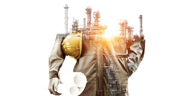 Future factory plant and energy industry concept in creative graphic design. Oil, gas and petrochemical refinery factory with double exposure arts showing next generation of power and energy business.