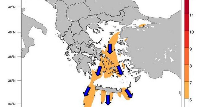 Σύμφωνα με τα προγνωστικά στοιχεία του Εθνικού Αστεροσκοπείου Αθηνών / meteo.gr, ενισχυμένο θα διατηρηθεί το μελτέμι στο Αιγαίο