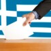 Hand with ballot and box on Flag of Greece