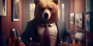 Anthropomorphic bear in business suit with red tie in Wall Street office, concept of falling stock market. Generative AI