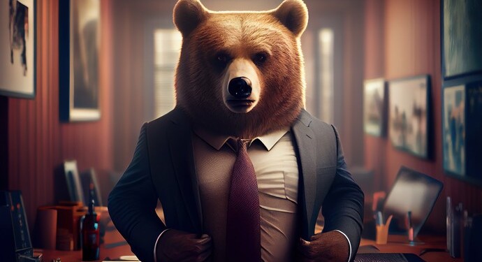 Anthropomorphic bear in business suit with red tie in Wall Street office, concept of falling stock market. Generative AI