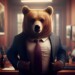 Anthropomorphic bear in business suit with red tie in Wall Street office, concept of falling stock market. Generative AI