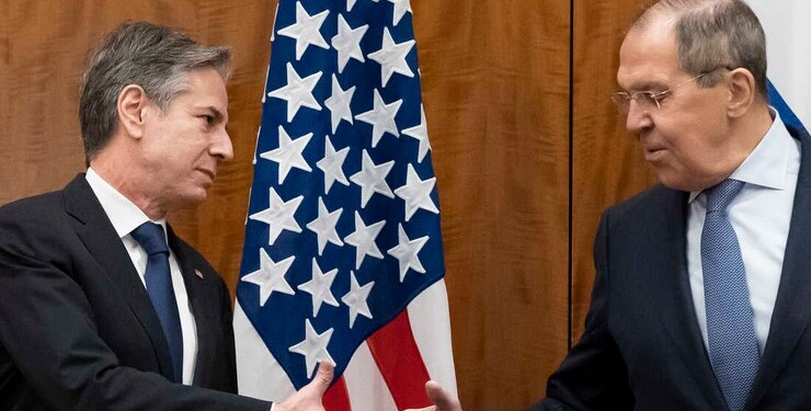 Secretary of State Antony Blinken greets Russian Foreign Minister Sergey Lavrov before their meeting, Friday, Jan. 21, 2022, in Geneva, Switzerland. (AP Photo/Alex Brandon, Pool)