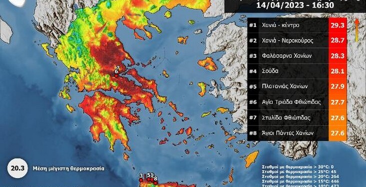 Τους 30 βαθμούς Κελσίου πλησίασε ο υδράργυρος στην Κρήτη την Μεγάλη Παρασκευή, 14 Απριλίου 2023.