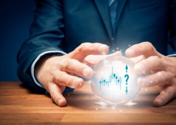 Investment prediction and planning. Look into the crystal ball. Investor visionary with crystal ball, symbol of trade view and question mark.