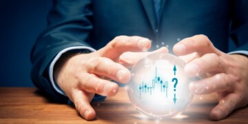 Investment prediction and planning. Look into the crystal ball. Investor visionary with crystal ball, symbol of trade view and question mark.