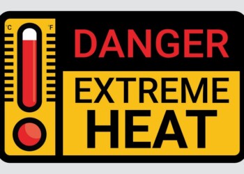 Vector high temperature warning square sign. Extreme hot thermometer temperature conditions danger heat symbol, banner, poster or sticker for public places. Illustration isolated on background