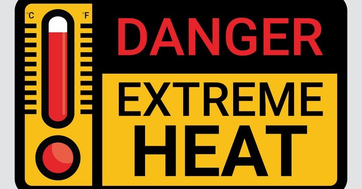 Vector high temperature warning square sign. Extreme hot thermometer temperature conditions danger heat symbol, banner, poster or sticker for public places. Illustration isolated on background