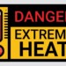Vector high temperature warning square sign. Extreme hot thermometer temperature conditions danger heat symbol, banner, poster or sticker for public places. Illustration isolated on background
