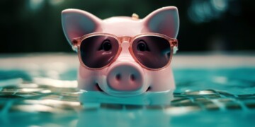 piggy bank in pool, saving money for vacation time. Generative Ai