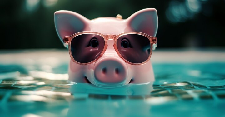 piggy bank in pool, saving money for vacation time. Generative Ai