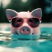 piggy bank in pool, saving money for vacation time. Generative Ai