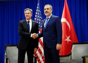 U.S. Secretary of State Antony Blinken and Turkey's Foreign Minister Hakan Fidan greet each other in New York, Friday, Sept. 22, 2023.   (Bing Guan/Pool Photo via AP)