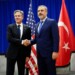 U.S. Secretary of State Antony Blinken and Turkey's Foreign Minister Hakan Fidan greet each other in New York, Friday, Sept. 22, 2023.   (Bing Guan/Pool Photo via AP)