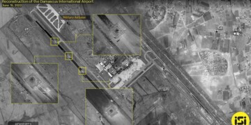 This handout satellite image obtained from ImageSat International (ISI), shows close-ups of repairs to the damage to the military runway (L) at Damascus International Airport on the southeastern outskirts of Syria's capital on June 15, 2022. - A Damascus runway damaged by an Israeli strike that caused the airport to shut down will be operational "within the next few days", Syria's transport minister told local media on June 12. Flights were halted at Damascus International Airport after an Israeli strike on June 10 caused "sizeable damage" to its only operational runway, authorities said. (Photo by ImageSat International (ISI) / AFP) / RESTRICTED TO EDITORIAL USE - MANDATORY CREDIT "AFP PHOTO / ImageSat International (ISI)" - NO MARKETING NO ADVERTISING CAMPAIGNS - DISTRIBUTED AS A SERVICE TO CLIENTS