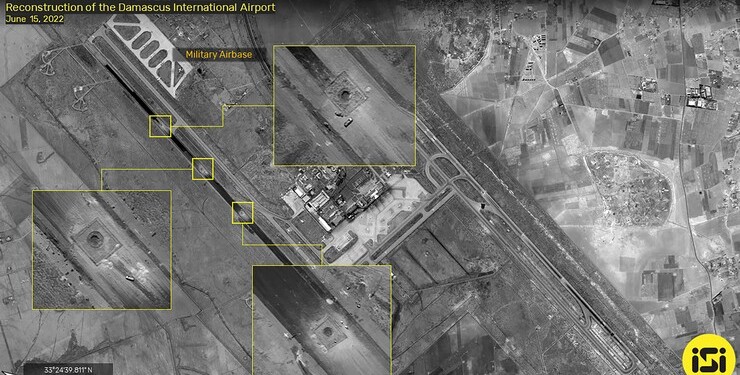 This handout satellite image obtained from ImageSat International (ISI), shows close-ups of repairs to the damage to the military runway (L) at Damascus International Airport on the southeastern outskirts of Syria's capital on June 15, 2022. - A Damascus runway damaged by an Israeli strike that caused the airport to shut down will be operational "within the next few days", Syria's transport minister told local media on June 12. Flights were halted at Damascus International Airport after an Israeli strike on June 10 caused "sizeable damage" to its only operational runway, authorities said. (Photo by ImageSat International (ISI) / AFP) / RESTRICTED TO EDITORIAL USE - MANDATORY CREDIT "AFP PHOTO / ImageSat International (ISI)" - NO MARKETING NO ADVERTISING CAMPAIGNS - DISTRIBUTED AS A SERVICE TO CLIENTS