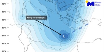 Χάρτης 1: Η εκτιμώμενη θέση της διαταραχής τη νύχτα της Τετάρτης 20/12 προς Πέμπτη 21/12 και η βορειοανατολική κίνηση της