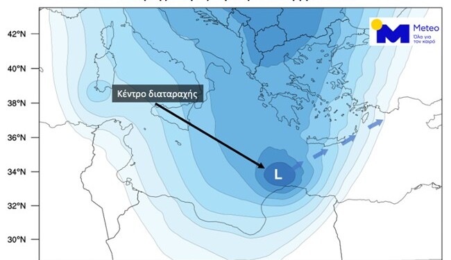 Χάρτης 1: Η εκτιμώμενη θέση της διαταραχής τη νύχτα της Τετάρτης 20/12 προς Πέμπτη 21/12 και η βορειοανατολική κίνηση της