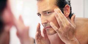 Middle-aged man in bathroom applying facial lotion