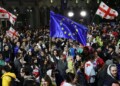 Georgian students rally to protest the controversial "foreign influence" bill outside the parliament in Tbilisi on May 13, 2024. (Photo by Giorgi ARJEVANIDZE / AFP) (Photo by GIORGI ARJEVANIDZE/AFP via Getty Images)