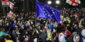 Georgian students rally to protest the controversial "foreign influence" bill outside the parliament in Tbilisi on May 13, 2024. (Photo by Giorgi ARJEVANIDZE / AFP) (Photo by GIORGI ARJEVANIDZE/AFP via Getty Images)