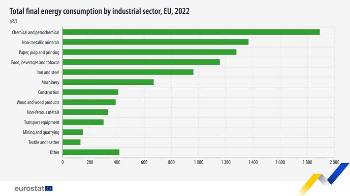 Το 2022 η ηλεκτρική ενέργεια (33,3%) και το φυσικό αέριο (31,2%) αποτελούσαν σχεδόν τα δύο τρίτα (64,5%) της τελικής κατανάλωσης ενέργειας του βιομηχανικού τομέα της ΕΕ.

Ο τομέας εξακολουθεί να βασίζεται σε μεγάλο βαθμό στα ορυκτά καύσιμα, τα οποία αντιπροσώπευαν άμεσα πάνω από το ήμισυ (50,5%) της τελικής κατανάλωσης ενέργειας στη βιομηχανία το 2022. Αυτό είναι ελαφρώς μικρότερο από αυτό του 2021 (50,9%).
Η ηλεκτρική ενέργεια και το φυσικό αέριο ακολουθούν το πετρέλαιο και τα προϊόντα πετρελαίου (εκτός βιοκαυσίμων· 10,8%), οι ανανεώσιμες πηγές και τα βιοκαύσιμα (10,6%), η θερμότητα (5,6%), τα στερεά ορυκτά καύσιμα (6,3%) και τα μη ανανεώσιμα απόβλητα (2,1%).

Τελική κατανάλωση ενέργειας στον κλάδο της βιομηχανίας ανά ενεργειακό προϊόν, ΕΕ, 2022. Διάγραμμα πίτας. Για περισσότερες πληροφορίες κάντε κλικ στο σύνολο δεδομένων παρακάτω.
Πηγή δεδομένων: nrg_bal_s

Χημικός και πετροχημικός τομέας: το ένα πέμπτο της συνολικής βιομηχανικής κατανάλωσης
Το 2022, οι βιομηχανικοί τομείς της ΕΕ που ανέφεραν τα μεγαλύτερα μερίδια τελικής κατανάλωσης ενέργειας ήταν οι χημικοί και πετροχημικοί (1 892 petajoules (PJ) ή 20,0%), τα μη μεταλλικά ορυκτά (1 366 PJ ή 14,5%), το χαρτί, ο χαρτοπολτός και η εκτύπωση (1 278 PJ ή 13
,5%), τρόφιμα, ποτά και καπνός (1 156 PJ ή 12,2%) και σίδηρος και χάλυβας (963 PJ ή 10,2%).

Το χαμηλότερο μερίδιο της συνολικής τελικής κατανάλωσης ενέργειας καταγράφηκε για τον τομέα της κλωστοϋφαντουργίας και του δέρματος, με 1,4% (131 PJ), ακολουθούμενο από τα ορυχεία και λατομεία (1,6%· 148 PJ) και τον εξοπλισμό μεταφορών (3,2%· 302 PJ).