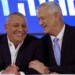 (FILES) Israel's former army chief of staff Gadi Eisenkot (L) and Defence Minister and Kahol Lavan (Blue and White) party chief Benny Gantz speak during a joint press conference with Justice Minister and Tikva Hadasha (New Hope) party chief Gideon Saar (unseen) in the central city of Ramat Gan on August 14, 2022. Israeli war cabinet minister Benny Gantz quit Prime Minister Benjamin Netanyahu's government on June 9, 2024, followed by his party member Gadi Eisenkot, heaping domestic pressure on the Israeli leader as the war in Gaza rages. (Photo by JACK GUEZ / AFP)