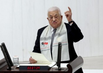 Palestinian Authority president Mahmud Abbas adresses a speech at Grand National Assembly of Turkey in Ankara on August 15, 2024. Palestinian Authority president Mahmud Abbas met with Turkey's President Recep Tayyip Erdogan on August 14, 2024 in Ankara for talks on a ceasefire and peace. (Photo by Adem ALTAN / AFP)