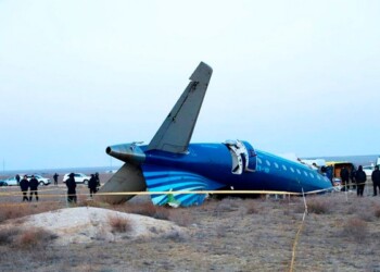 In this photo taken from a video released by the administration of Mangystau region, a part of Azerbaijan Airlines' Embraer 190 lies on the ground near the airport of Aktau, Kazakhstan, on Thursday, Dec. 26, 2024. (The Administration of Mangystau Region via AP)